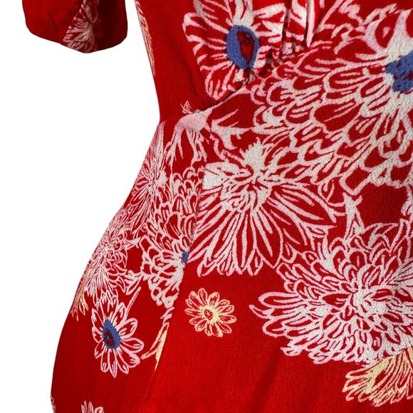 FREE PEOPLE Blue Hawaii Floral Mini Dress Cherry Red Flowers Women's Size XS - Picture 5 of 12